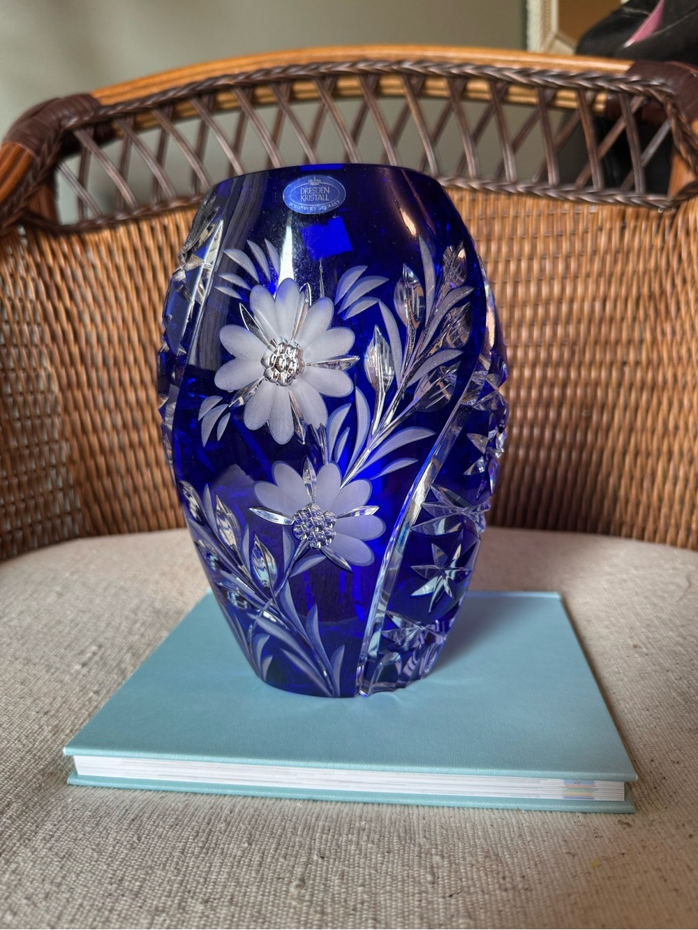 Dresden Cobalt Blue Crystal Floral Wide top Vase